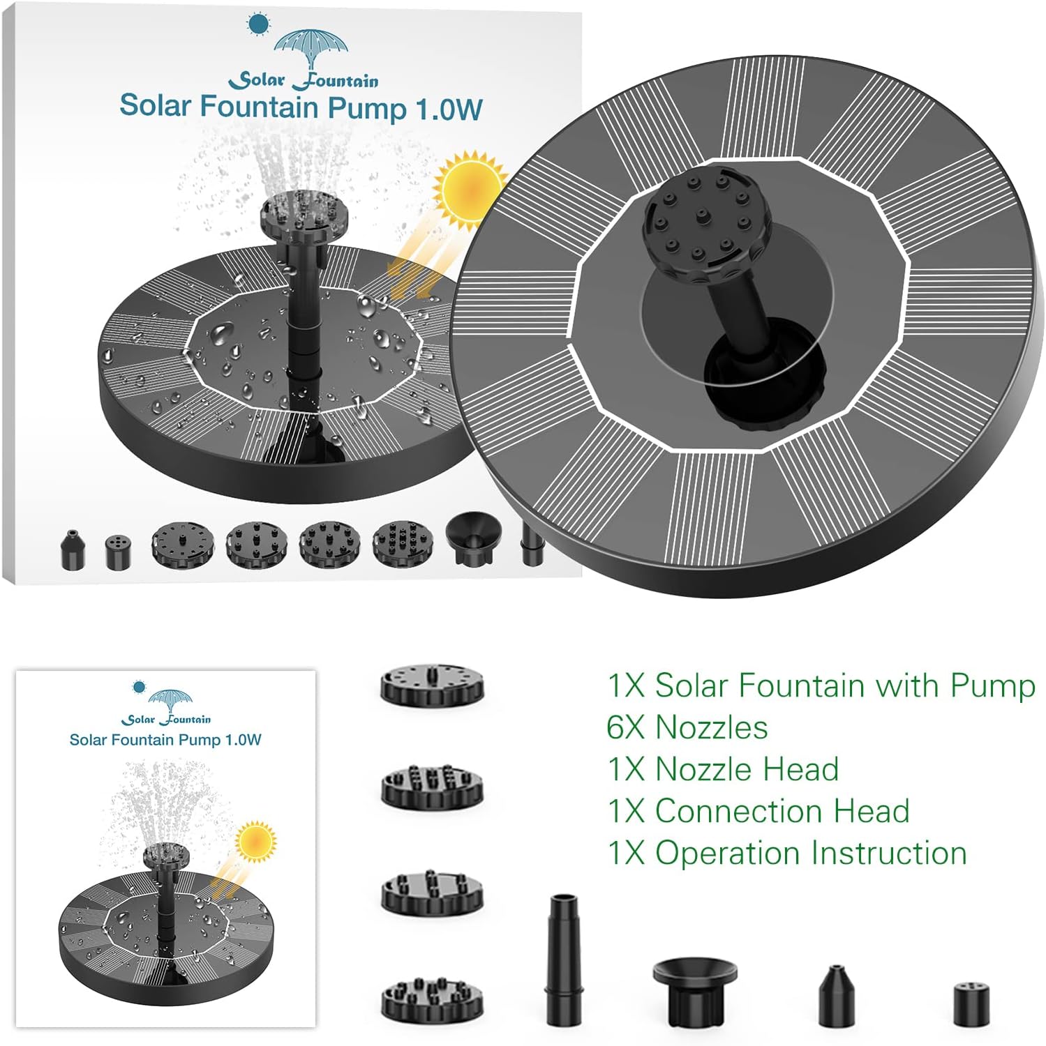 AISITIN Solar Bird Bath Fountain Pump, Solar Fountain Pump for Bird Bath with 6 Nozzles, Solar Powered Water Fountain Pump for Garden, Ponds, Pool, Fish Tank and Outdoor, 1.5W, 1.5W-New